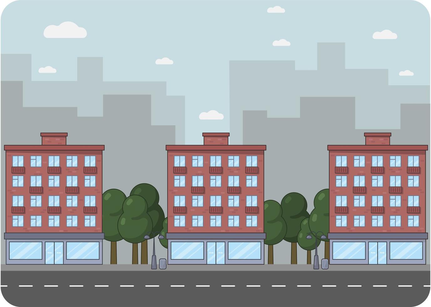 platt design stadslandskap illustration. gata med tegelbyggnader och skyskrapor i bakgrunden vektor