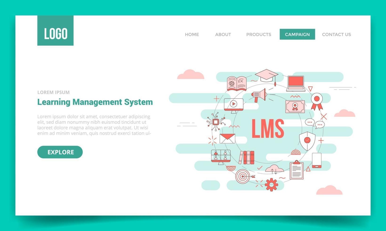 LMS-Lernmanagementsystem-Konzept mit Kreissymbol für Website-Vorlage oder Landing-Page-Banner-Homepage-Umrissstil vektor