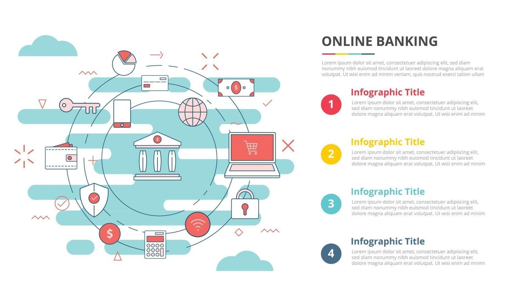 Online- oder Mobile-Banking-Konzept für Infografik-Vorlagen-Banner mit Listeninformationen mit vier Punkten vektor