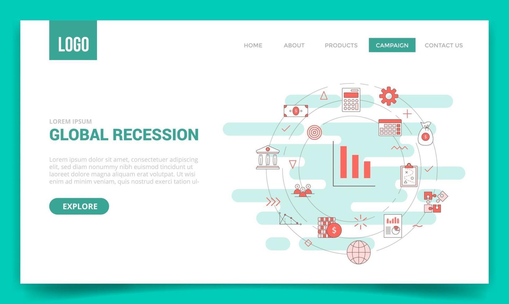 globales rezessionskonzept mit kreissymbol für website-vorlage oder landing-page-banner-homepage-umrissstil vektor