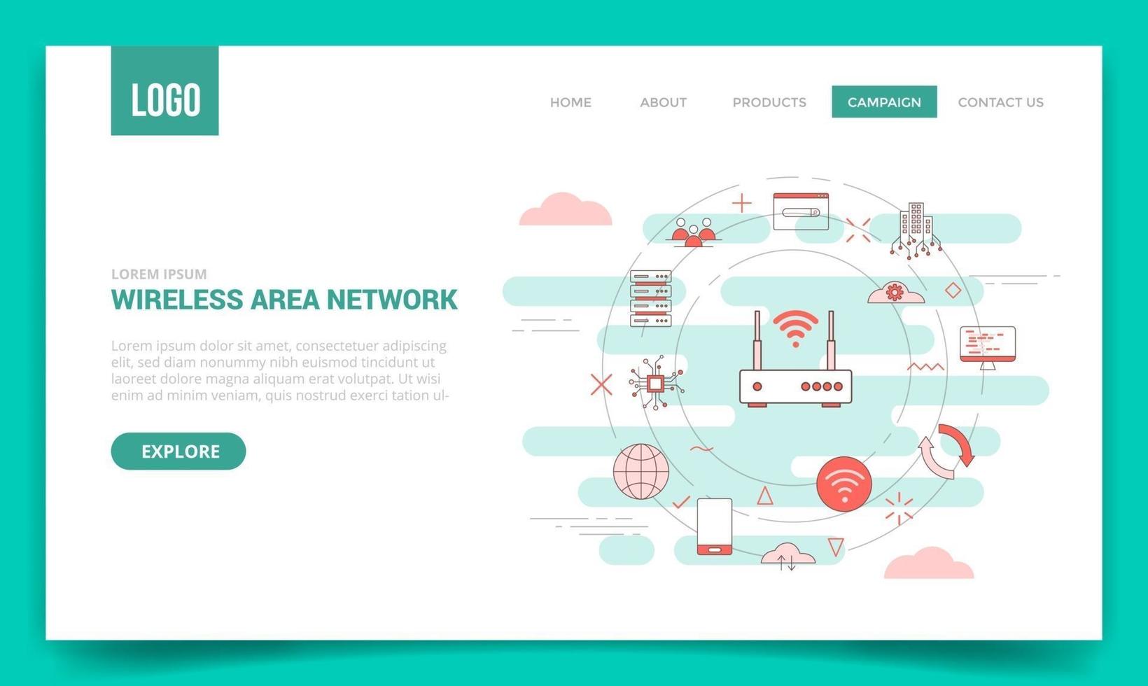 wan wide area network koncept med cirkelikon för webbplatsmall eller startsida för målsida vektor