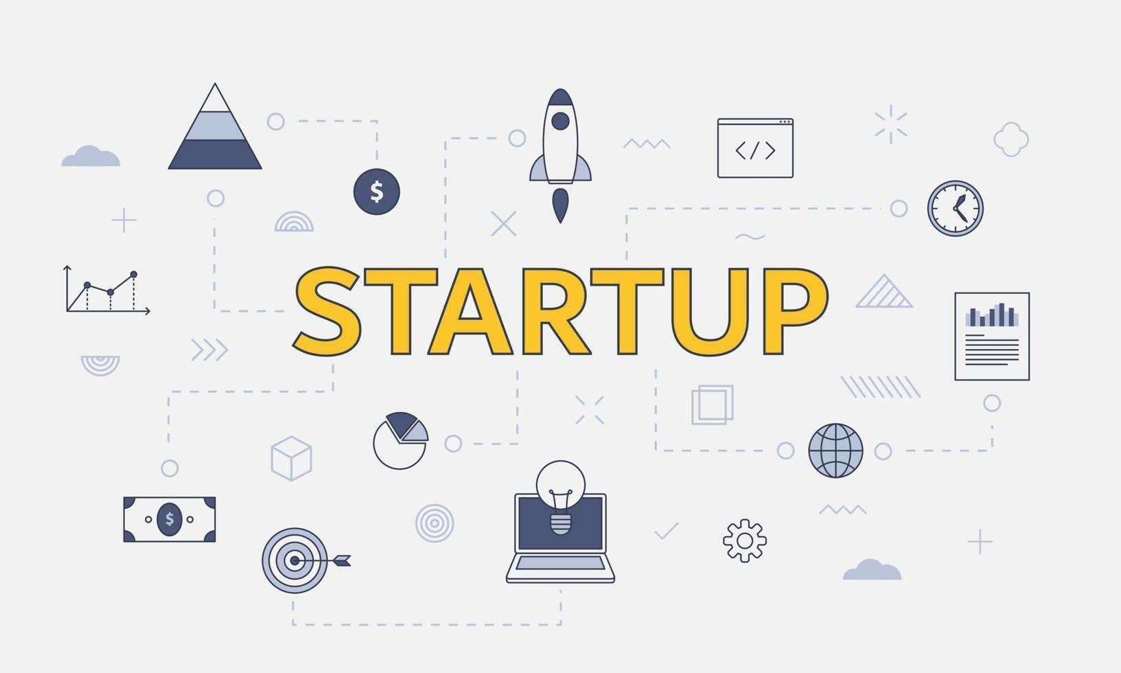 Startup-Business-Konzept mit Icon-Set mit großem Wort oder Text in der Mitte vektor