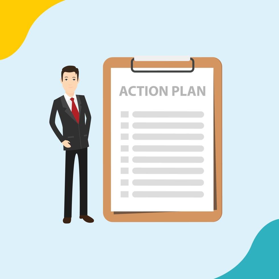 handlingsplan affärsmän med checklista att göra på papperslistan på urklipp - vektor