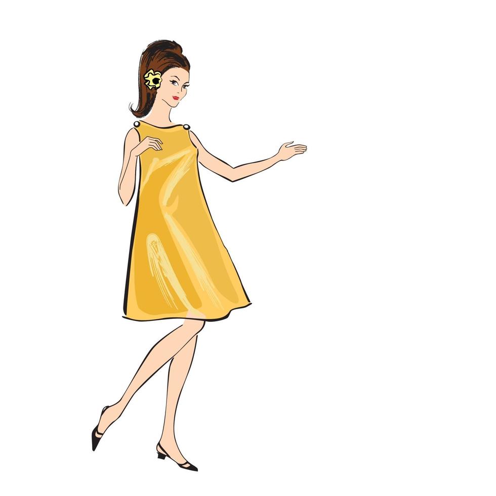 snygg casual mode klänning kvinna 1960-talet stil sommar vintage sommar mode fest flicka siluett 60-talet. vektor