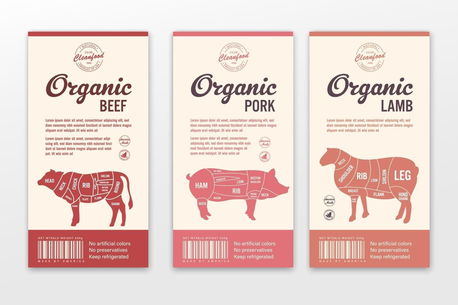 vektor slakt etiketter. fläsk lamm nötkött kött texturer för livsmedel