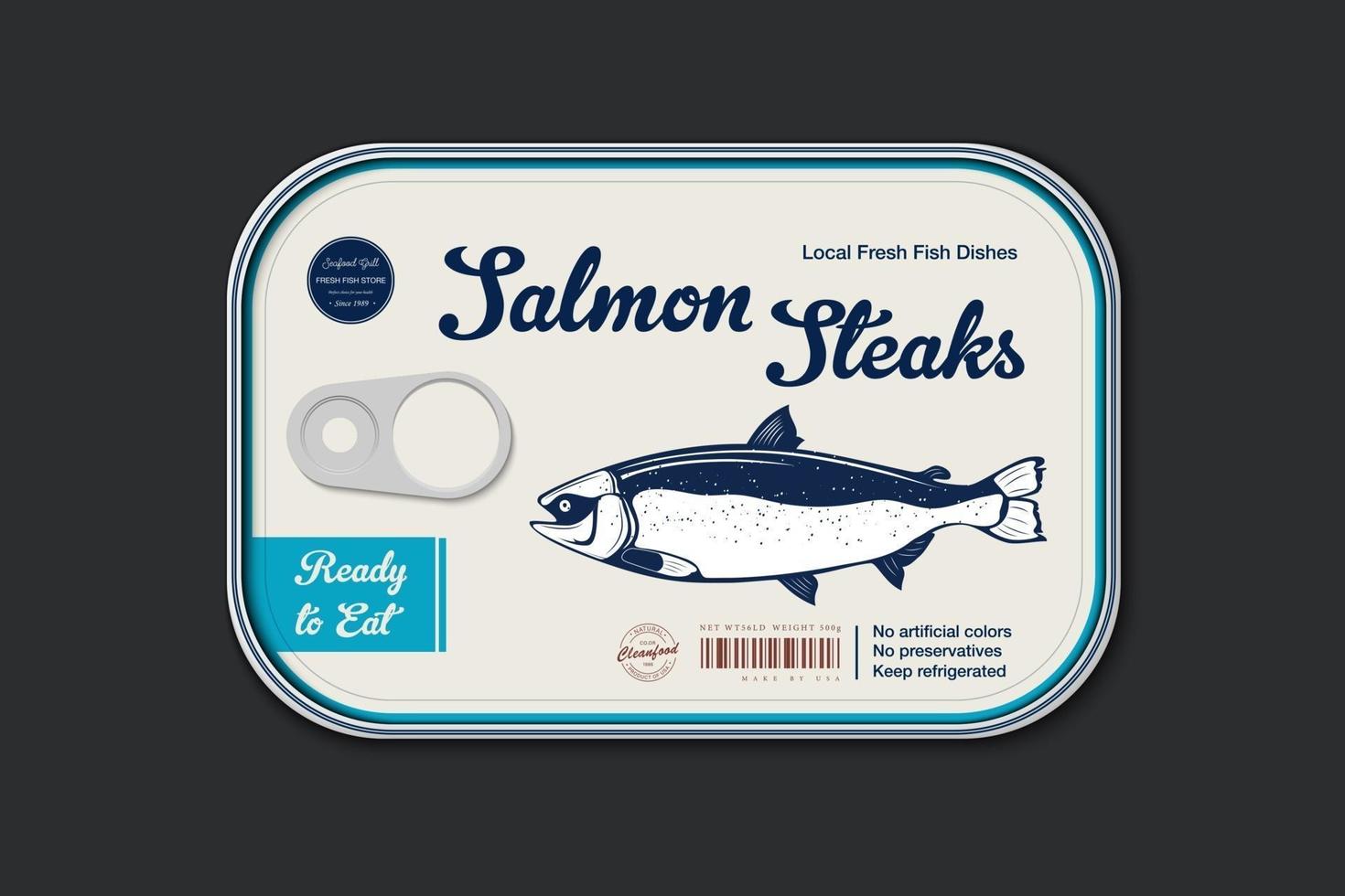 Dosenfisch-Etikettenvorlage, Lachsfisch-Blechdose mit Etikettenabdeckung. vektor