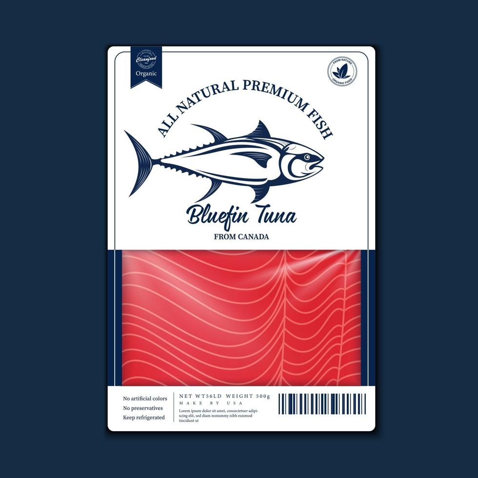 Verpackungsdesign im flachen Stil von Fischen. Thunfischfleischtextur zum Verpacken vektor