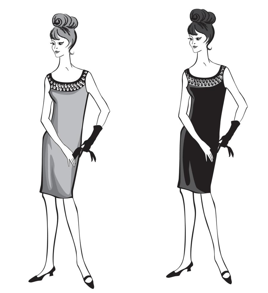 snygga kläder kvinna. mode klädd kvinna set 1960-talet stil retro klänning fest vektor