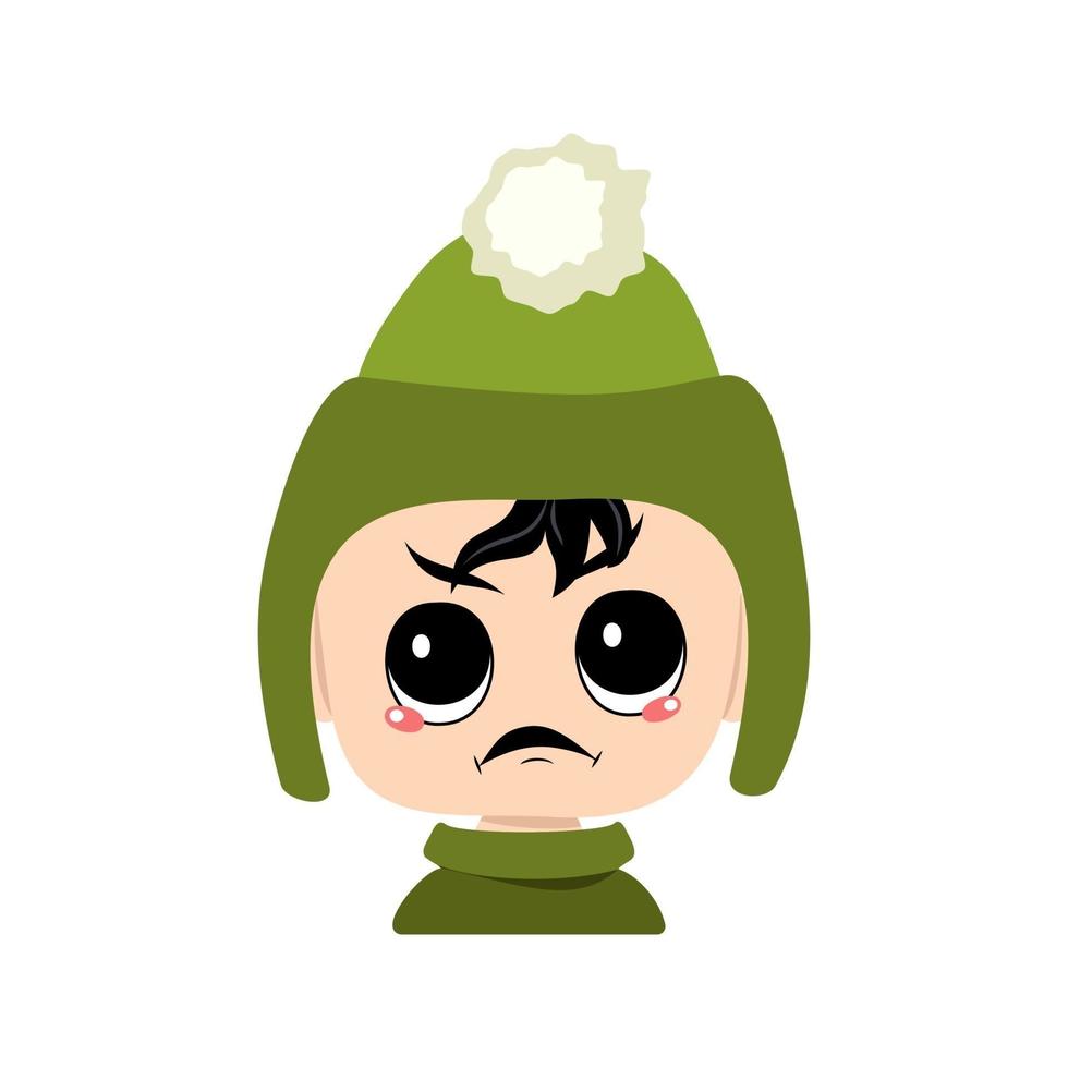 bebis med arga känslor, grinigt ansikte, rasande ögon i grön hatt med pompom. söt unge med rasande uttryck i höstlig eller vinter huvudbonad. platt vektor illustration