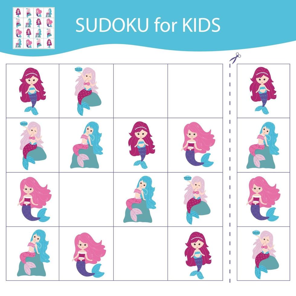 sudoku spel för barn med bilder. tecknade små sjöjungfrur. vektor. vektor