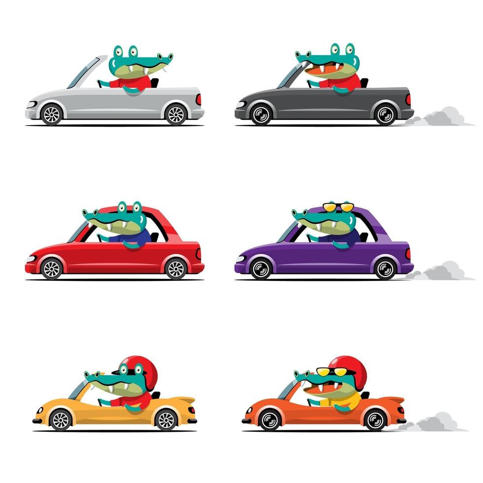 tierfahrer, haustierfahrzeug und krokodil, alligatorauto, glücklich im auto. vektor