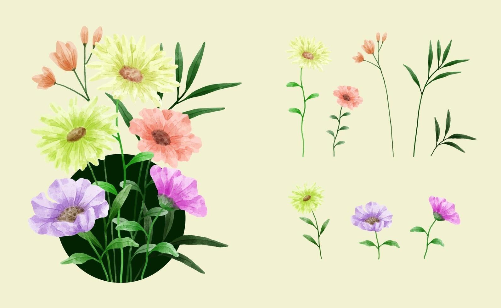 Eine Reihe von Blumen, die in Aquarellfarben für Designerarbeiten gemalt wurden vektor