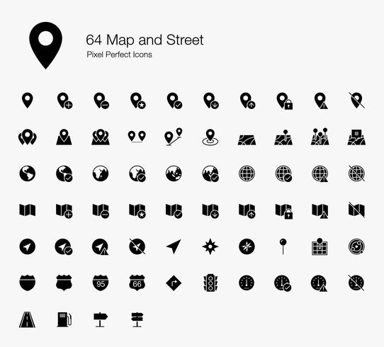 64 perfekte Symbole für Karten- und Straßenpixel (gefüllter Stil). vektor