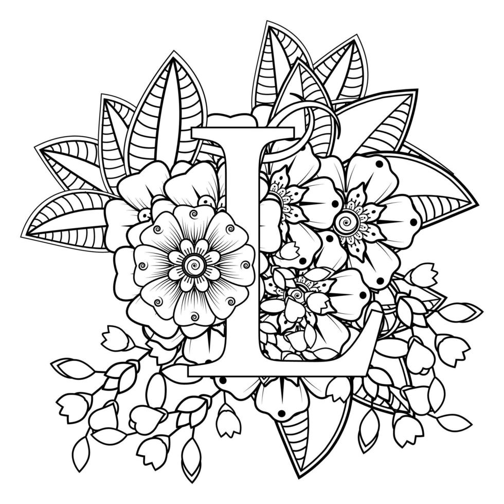 Buchstabe l mit Mehndi-Blume. dekoratives Ornament im ethnischen Orientalen vektor