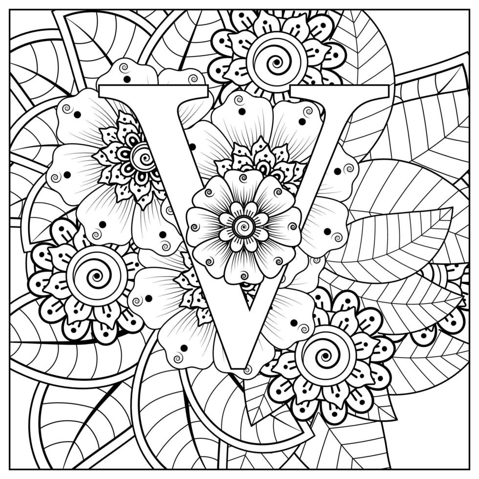 buchstabe v mit mehndi-blume. dekoratives Ornament im ethnischen Orient. Umriss handgezeichnete Vektorgrafik. vektor