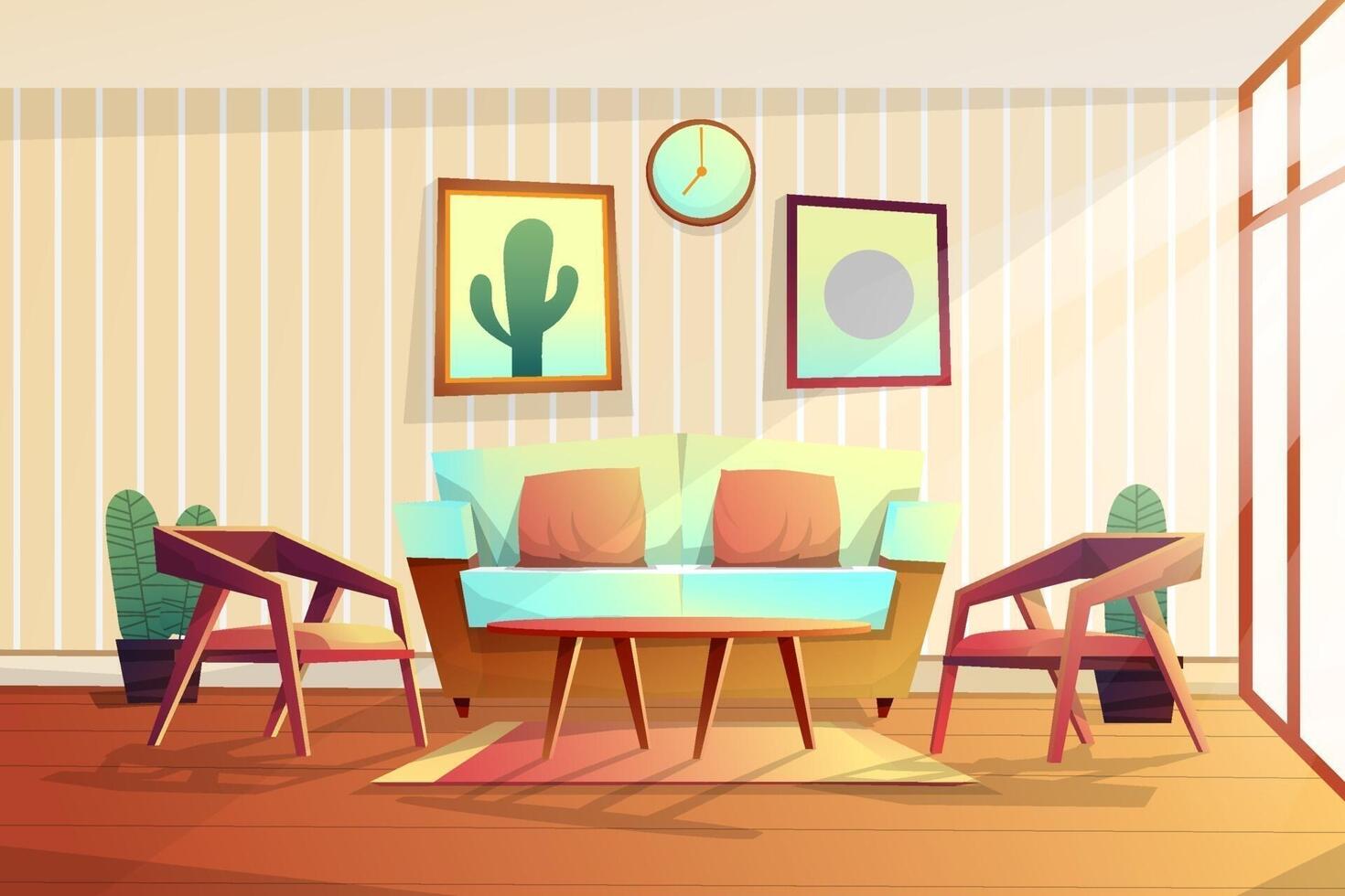 scen av inredda i vardagsrum med soffa och stol vektor
