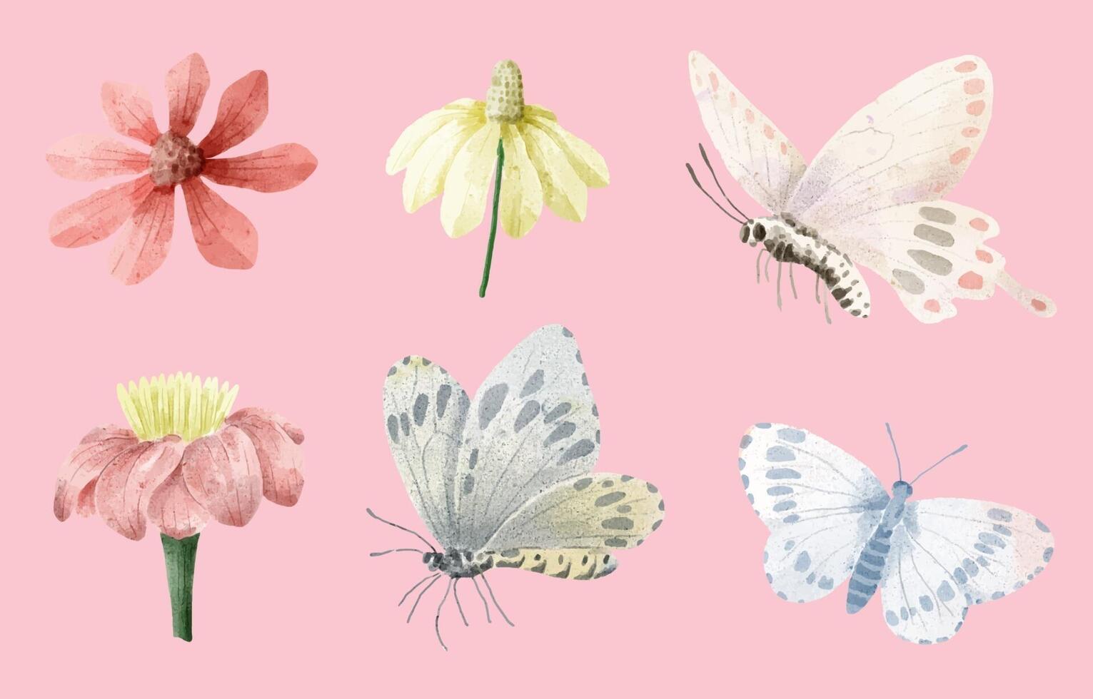 satz von objektvektorillustration aquarellmalerei von schmetterling und blume vektor