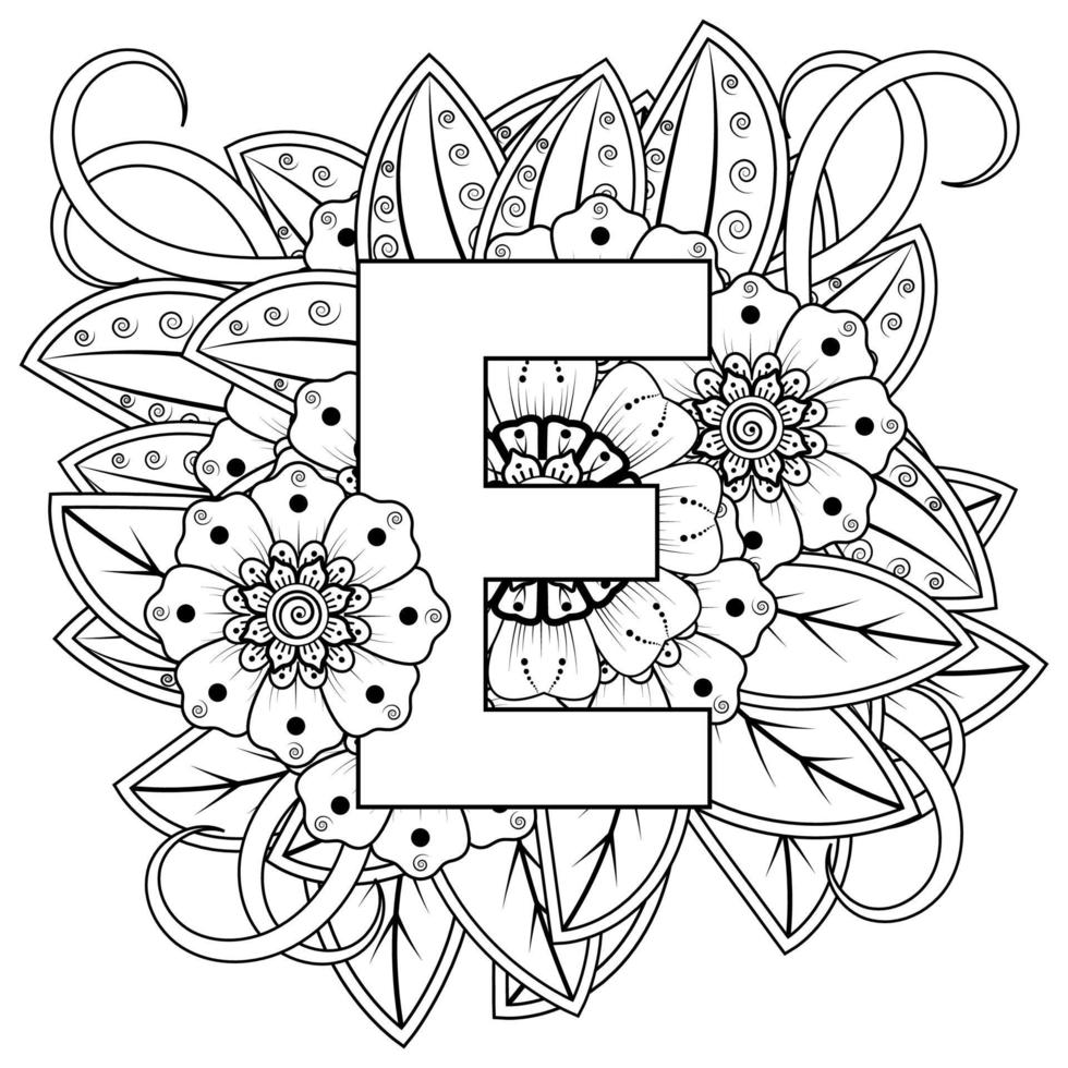 bokstaven e gjord av blommor i mehndi-stil. målarbok sida. kontur handrita vektorillustration. vektor