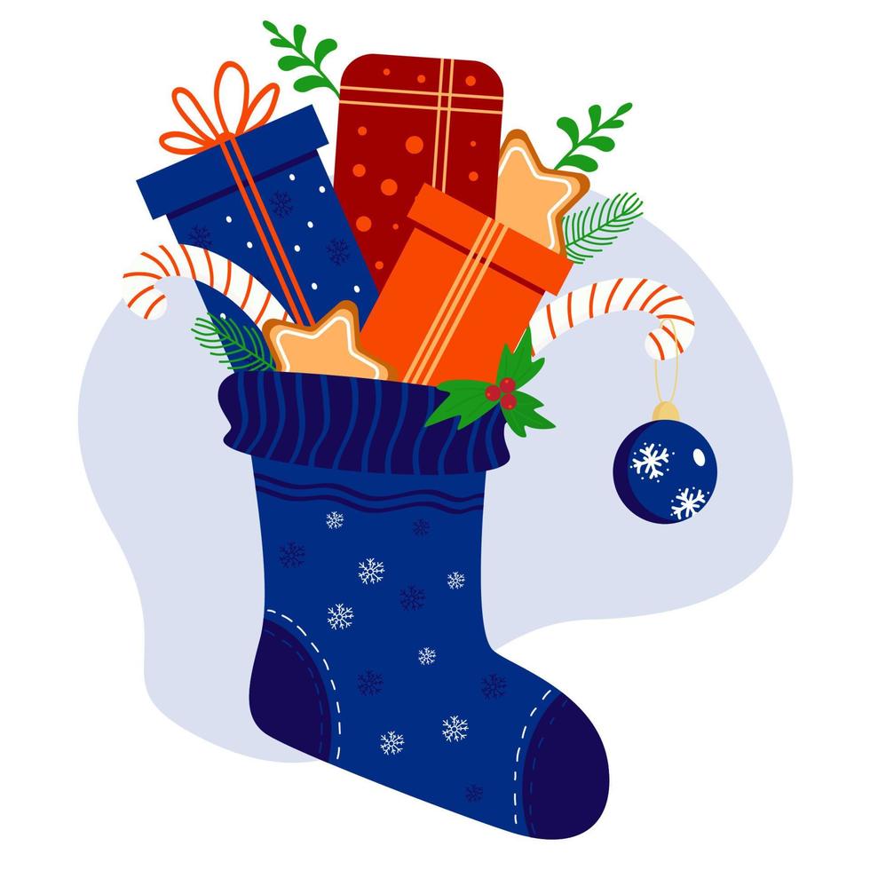 blå julstrumpa med presenter. vektor illustration