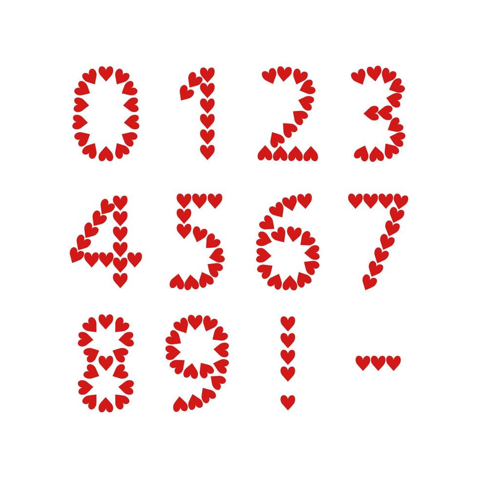 siffror från röda hjärtan, kärlekssymbol. festlig typsnitt eller dekoration för alla hjärtans dag, bröllop, semester och design vektor