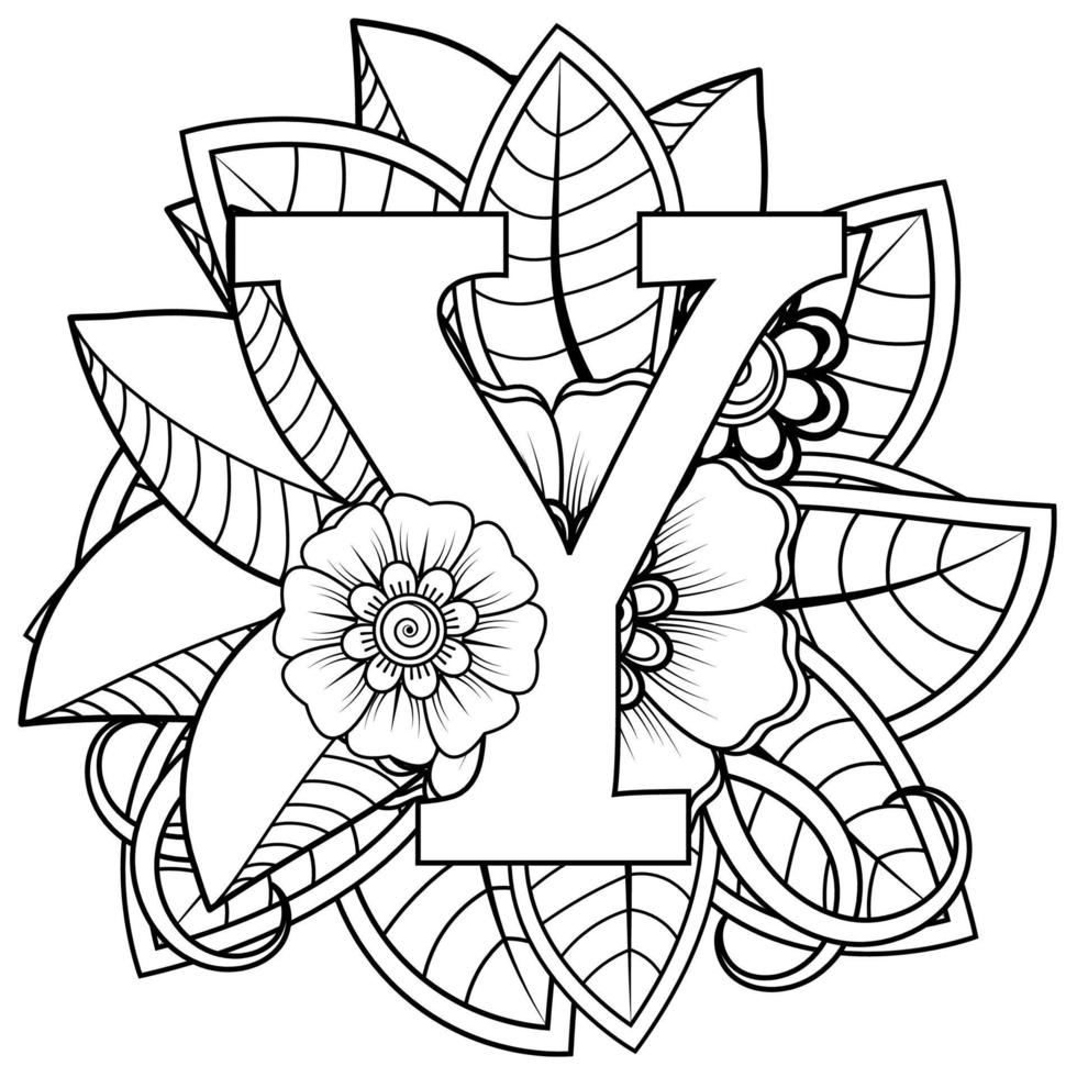 bokstaven y med mehndi blomma. dekorativ prydnad i etniska orientaliska. kontur handrita vektorillustration. vektor