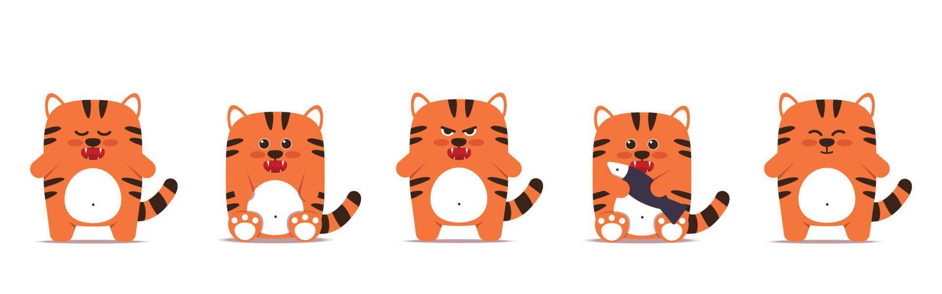 Set süßer kleiner Tigerkatzen im flachen Stil. Tiersymbol für das chinesische Neujahr 2022. Ein wütender mürrischer orangefarbener Tiger steht und sitzt mit einem Fisch. für ein Banner, Kinderdekor. Vektor-Illustration. vektor