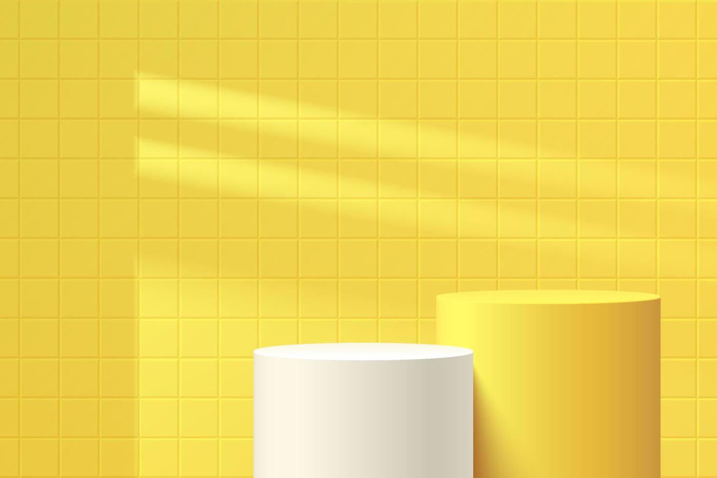 Weißes, gelbes geometrisches Podest im leeren Raum mit Fensterschatten. Vektor abstrakter Studioraum mit 3D-Plattformdesign. moderne Minimalszene für Kosmetikprodukte. Vitrine, Werbedisplay.