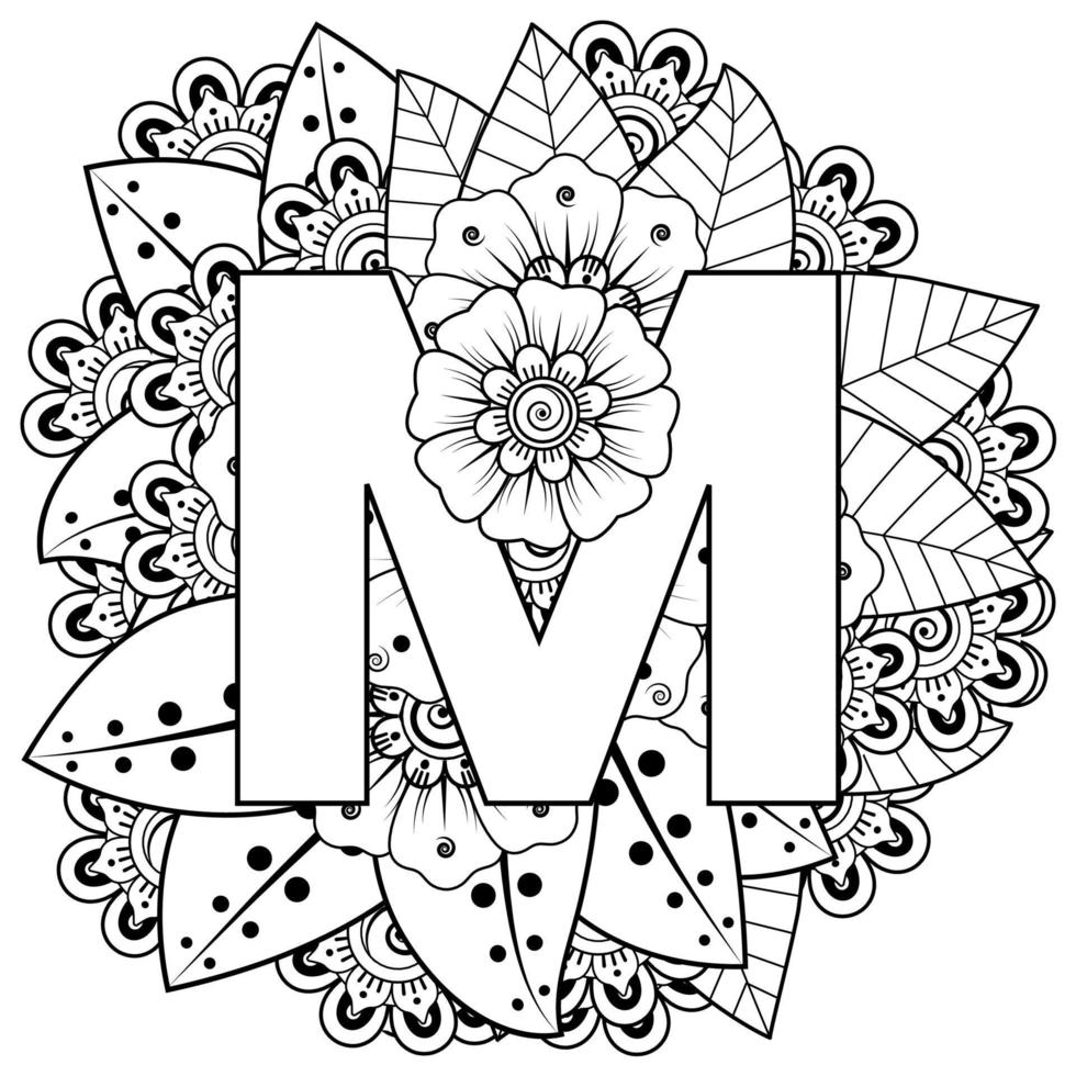 bokstaven m gjord av blommor i mehndi stil. målarbok sida. kontur handrita vektorillustration. vektor