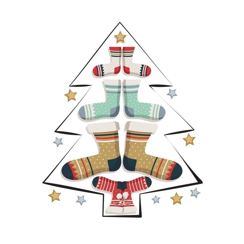 julgran gjord av strumpor med ett mönster och stjärnor. festlig dekoration för nyår och vintersemester vektor