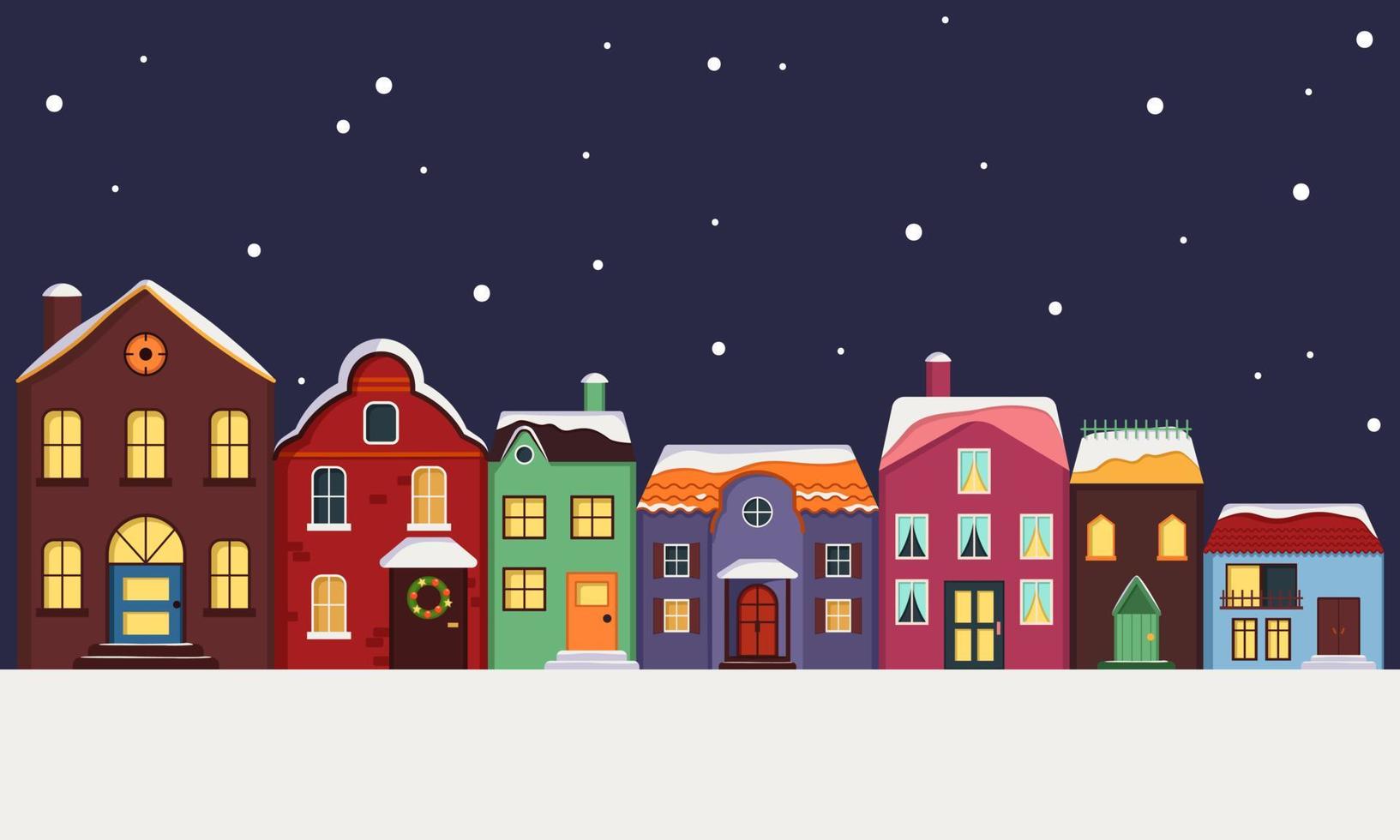 Stadtstraße von hellen bunten Häusern mit schneebedecktem Dach, Licht in den Fenstern und Schneeflocken im Hintergrund. fröhliche feiertagsdekorationen für neujahr und weihnachten. Winter und festliche Elemente vektor