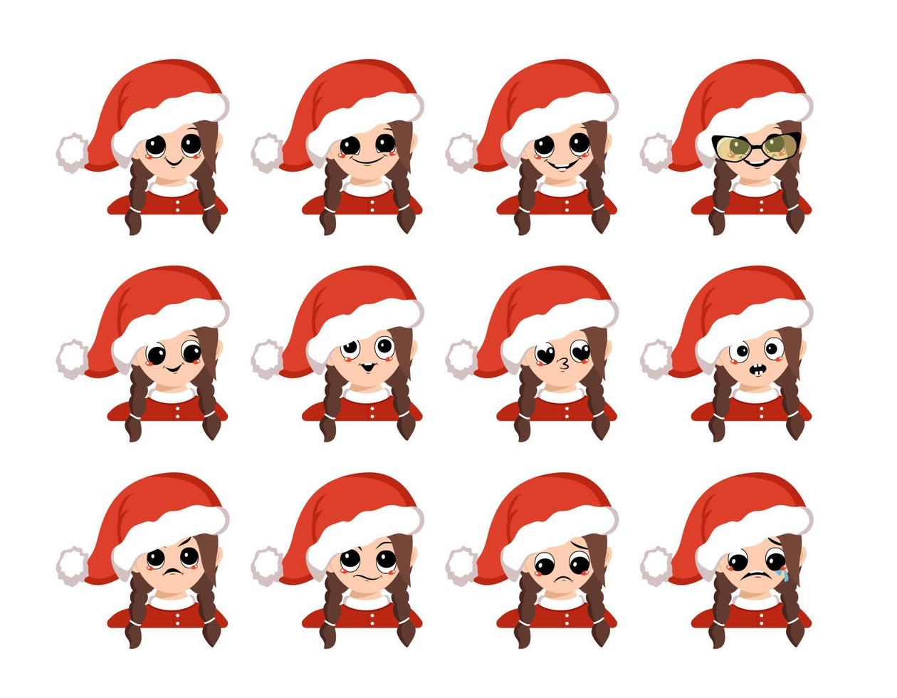 Mädchen mit großen Augen und unterschiedlichen Emotionen in roter Weihnachtsmütze. süßes kind mit fröhlichem oder traurigem gesicht in festlichem kostüm für neujahr und weihnachten. Kopf eines entzückenden Kindes vektor