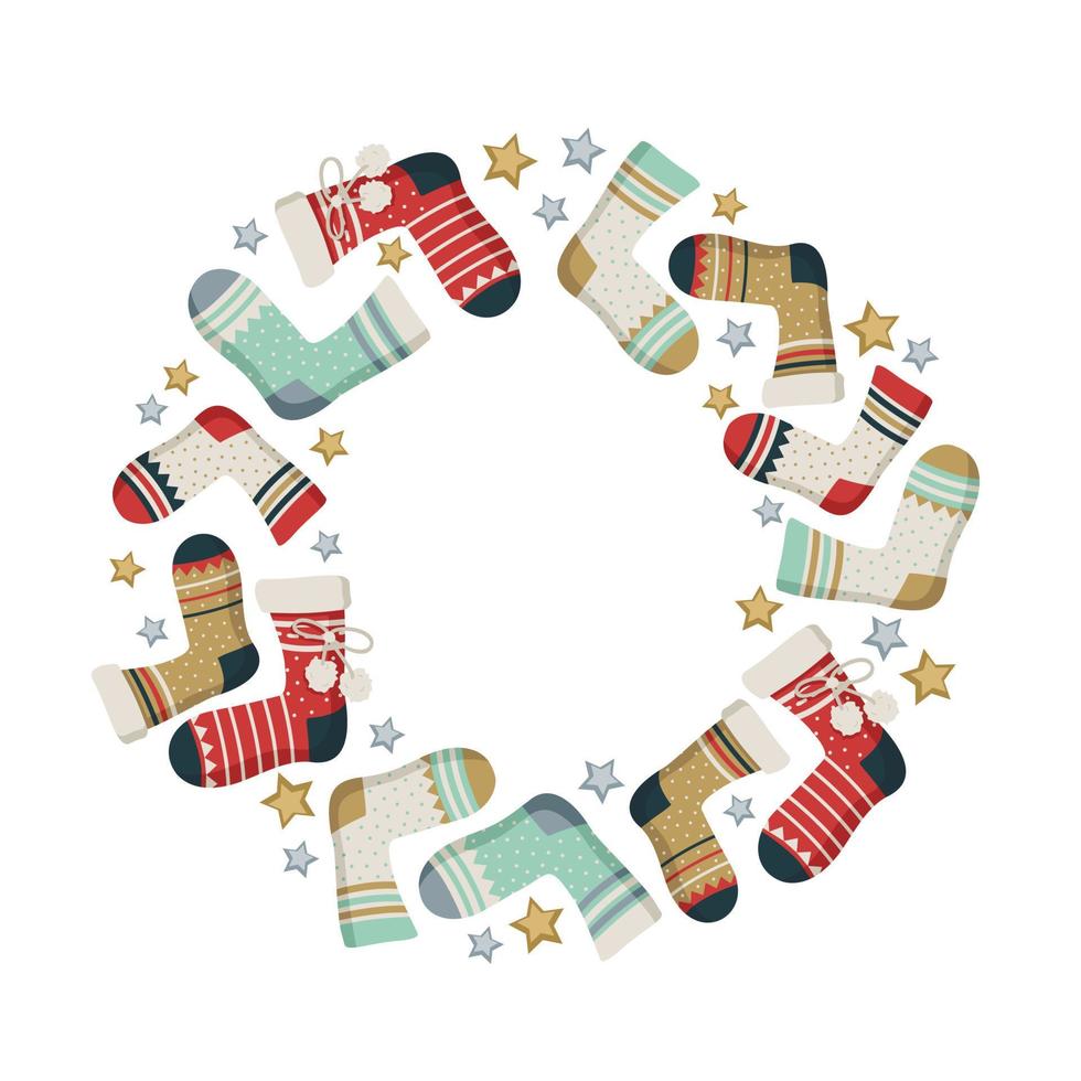 rund krans gjord av nyårs- och julstrumpor med mönster och stjärnor. festligt dekorativt element, gräns för design och vintersemester vektor