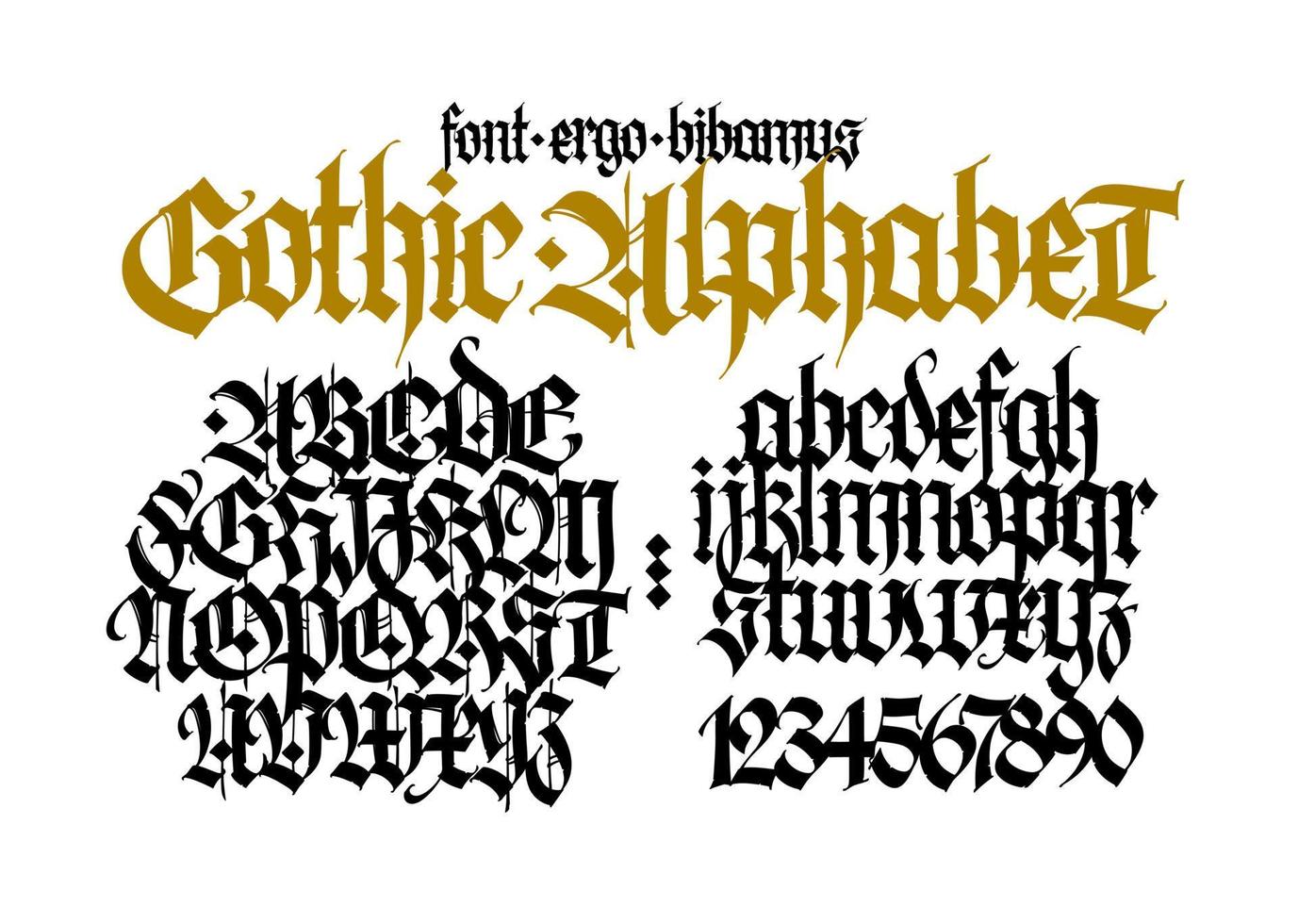 gotiska. stora och små svarta bokstäver på vit bakgrund. vacker och stilren kalligrafi. elegant teckensnitt för tatuering. medeltida europeisk modern stil. bokstäverna är skrivna med en penna. vektor