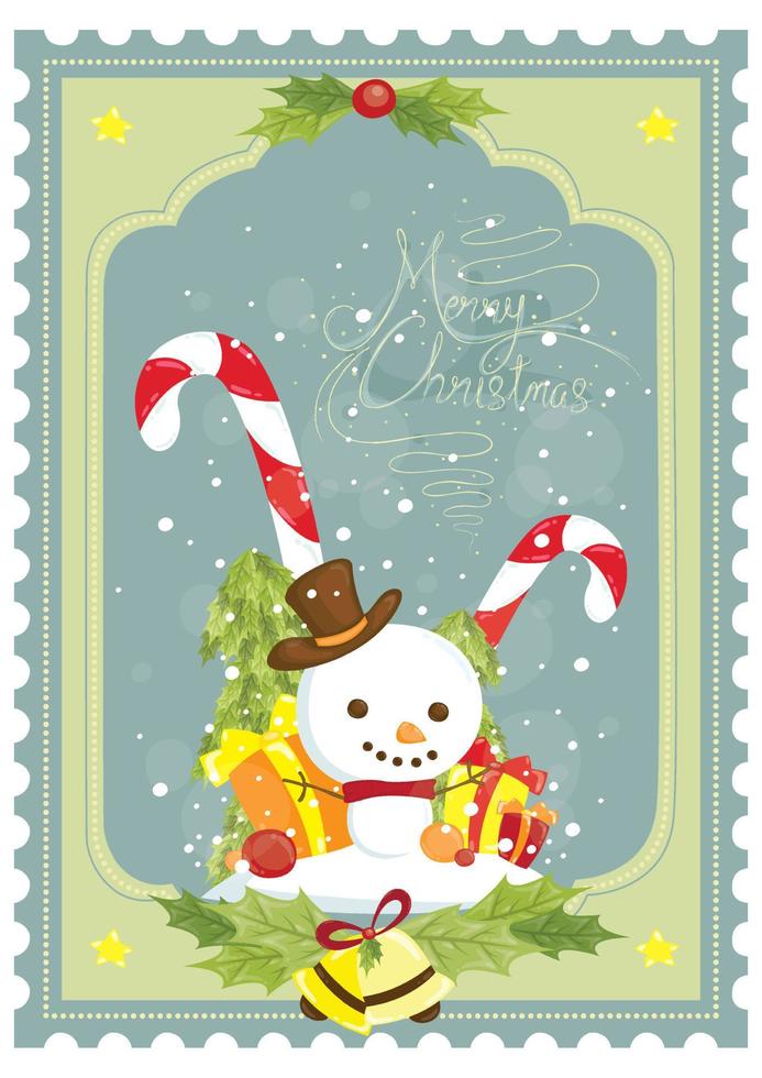 frohe weihnachten poster design mit schneemann weihnachtsmann hut geschenkbox, zuckerstange vektor