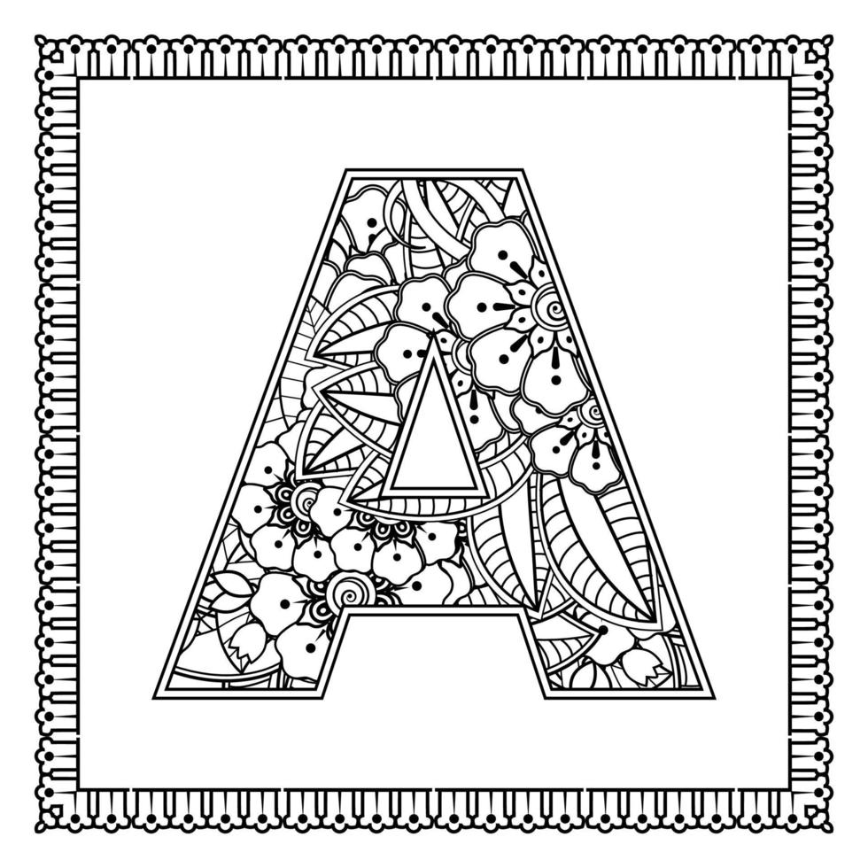 bokstaven a gjord av blommor i mehndi -stil. målarbokssida. kontur hand-rita vektor illustration.