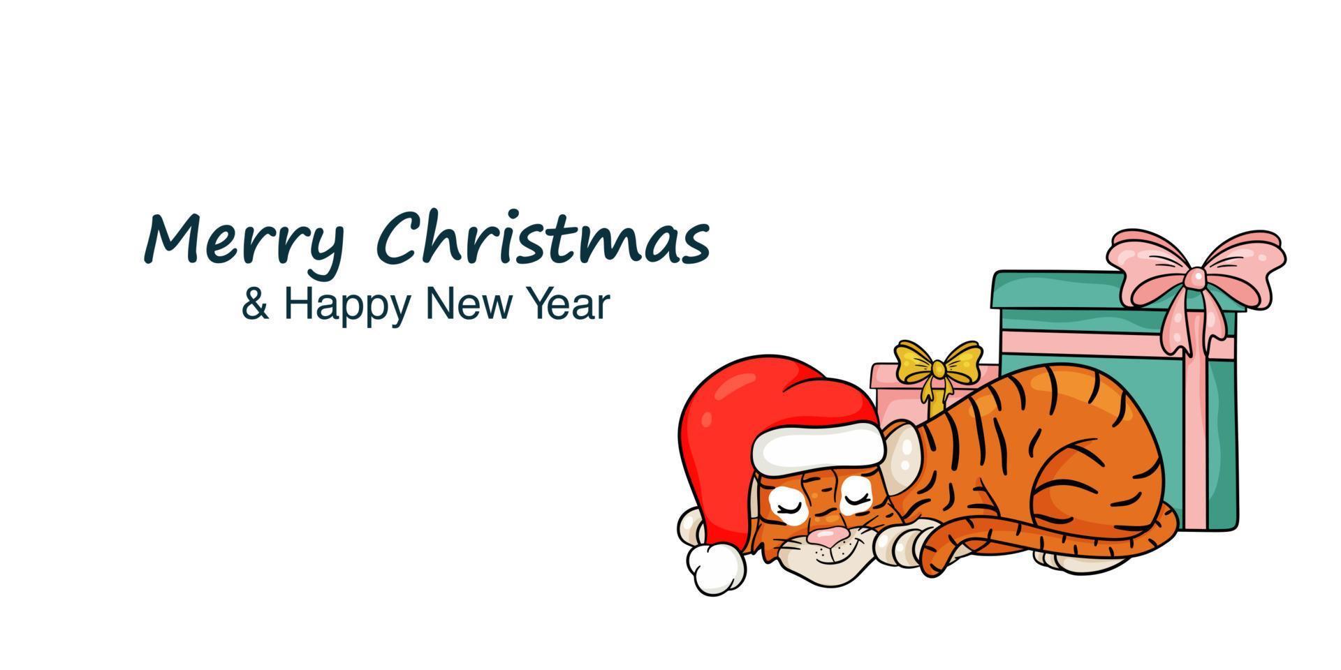 nyårsbanner med bilden av tiger i röd jultomtehatt. årets symbol enligt den kinesiska kalendern. god Jul och Gott Nytt År. vektor illustration tecknad stil