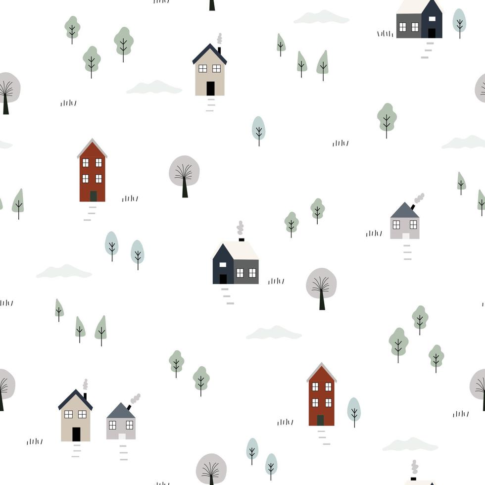 nahtlose Muster Dorf Hintergrund Leben in ländlichen Gebieten mit Häusern und Bäumen niedliches Design handgezeichnet im Cartoon-Stil. verwendet für mode, textilien, vektorillustration vektor