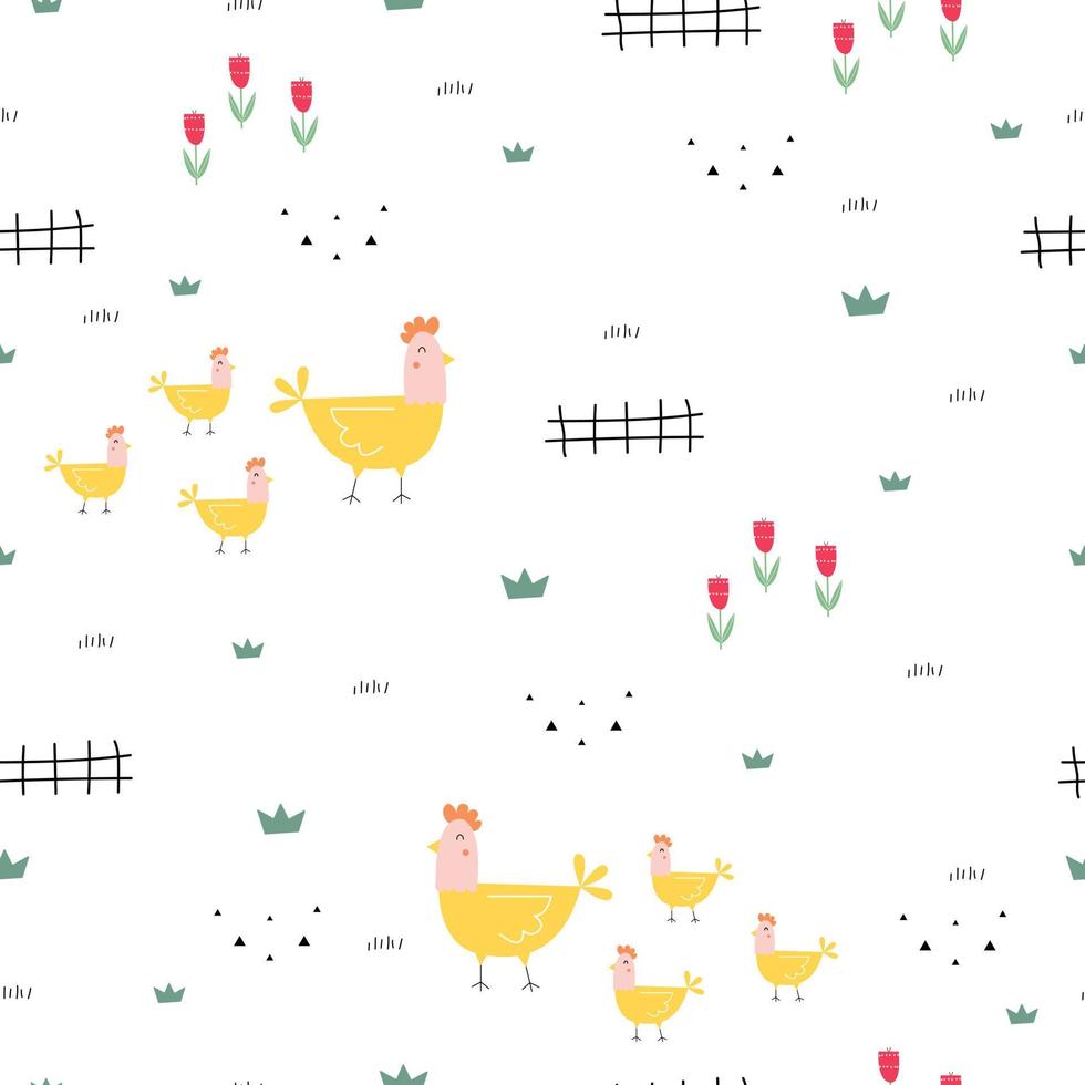 nahtlose Muster im Freien Hintergrund mit Huhn und Blume niedlichen Cartoon-Tier-Hand zeichnen in Kinder-Stil-Vektor-Illustration vektor