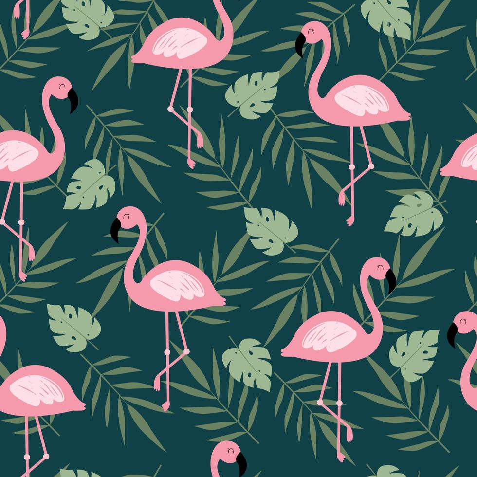 sömlösa mönster av flamingo med löv handritad tecknad söt djurbakgrundsdesign som används för utskrift, tapeter, tyger, textil, vektorillustration vektor