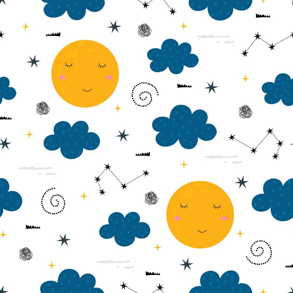 nahtlose Muster Vektor Himmelshintergrund mit Wolken und Sternen handgezeichnetes Design im Cartoon-Stil für Drucke, Tapeten, Stoffe, Textilien