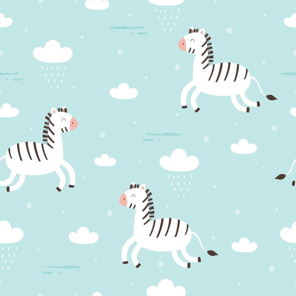 sömlöst mönster djur tecknad bakgrund med zebra och moln som svävar på himlen handritad design i barnstil som används för tyger, textilier, tapeter vektorillustration vektor