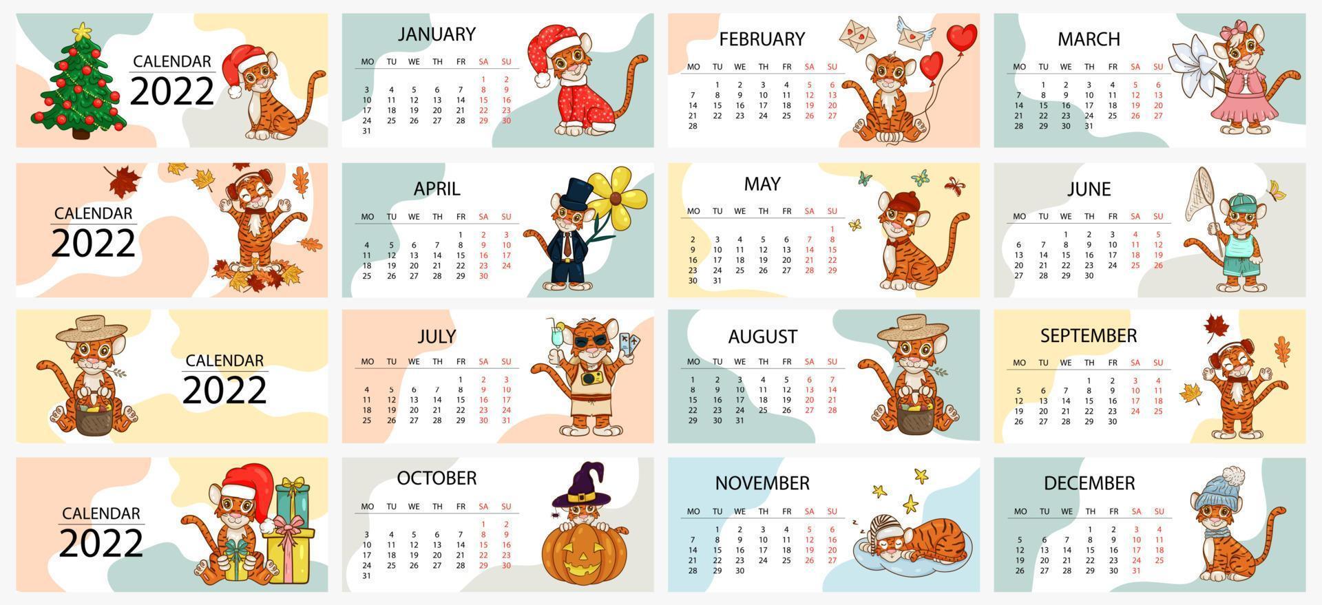 Kalenderentwurfsvorlage für 2022, das Jahr des Tigers nach dem chinesischen oder östlichen Kalender, mit einer Abbildung des Tigers, 12 Monate. horizontale Tabelle mit Kalender für 2022. Vektor