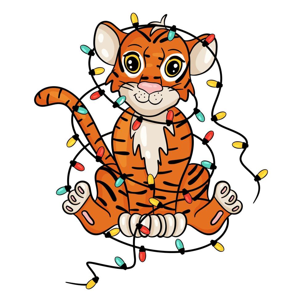 Tiger hat sich in der Girlande verheddert. das Symbol des neuen Jahres nach dem chinesischen oder östlichen Kalender. Vektor editierbare Illustration, Cartoon-Stil