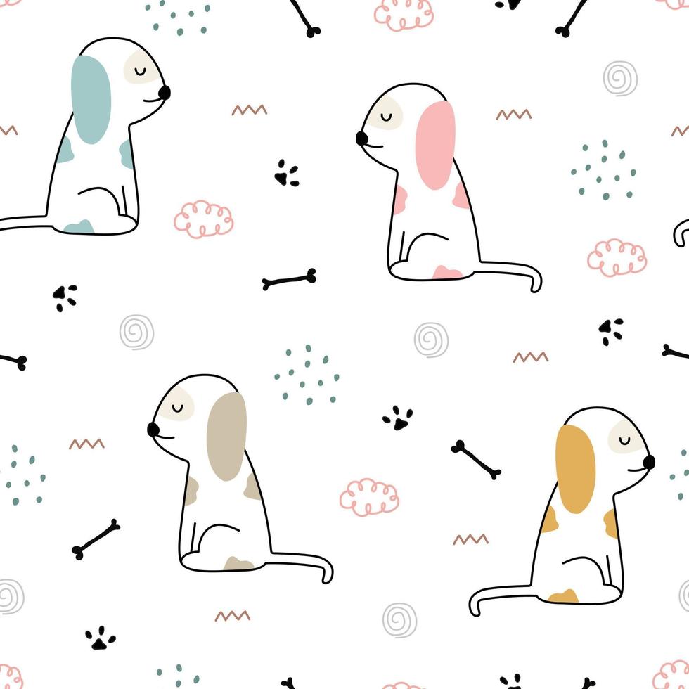 Nahtloser Musterkarikatur-Tierhintergrund mit Hunden mit Knochen handgezeichnetes Design im Kinderstil für Druck, Tapete, Stoffmuster, Textilien, Vektorillustration. vektor