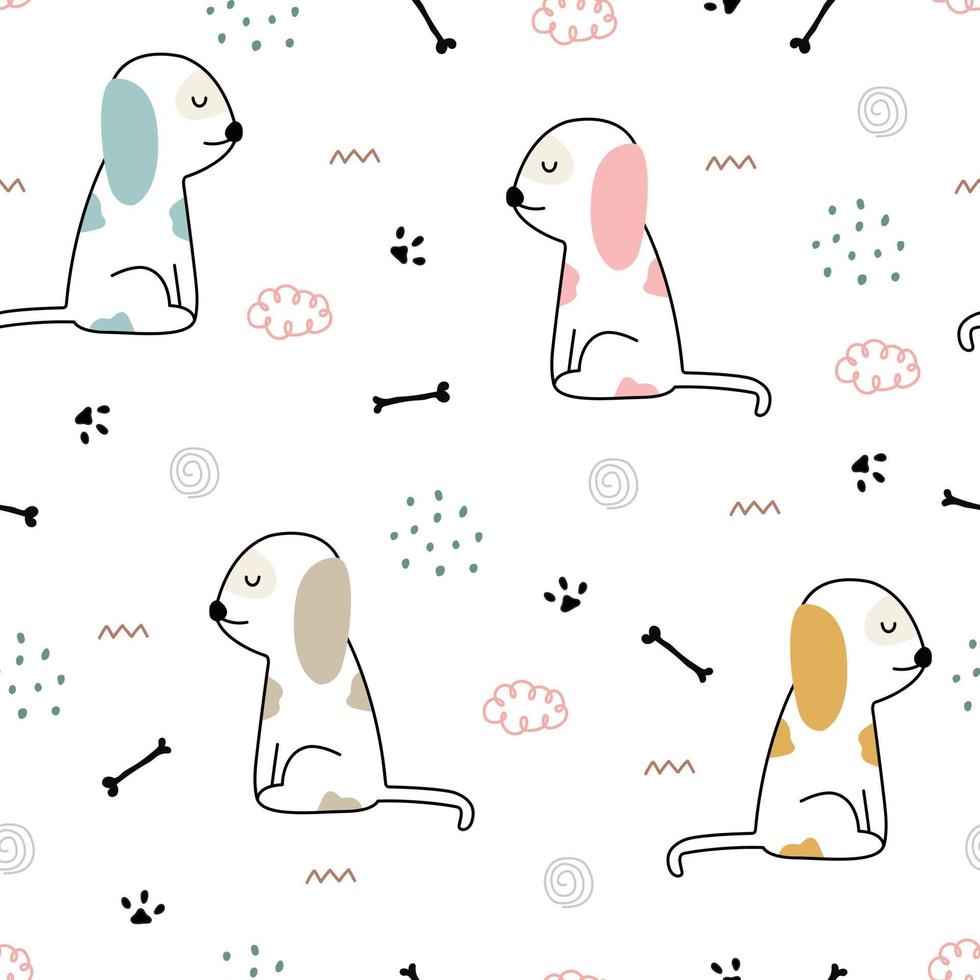 sömlöst mönster tecknad djurbakgrund med hundar med ben handritad design i barnstil användning för tryck, tapeter, tygmönster, textil, vektorillustration. vektor