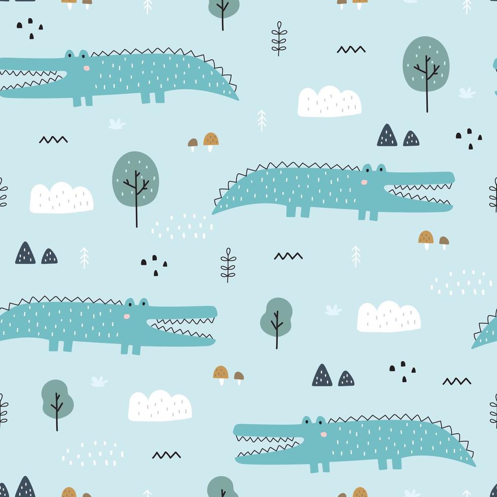 Nahtloser Musterkarikatur-Tierhintergrund mit Krokodil und Baum handgezeichnetes Design im Kinderstil für Druck, Tapete, Stoff, Textil. Vektor-Illustration vektor