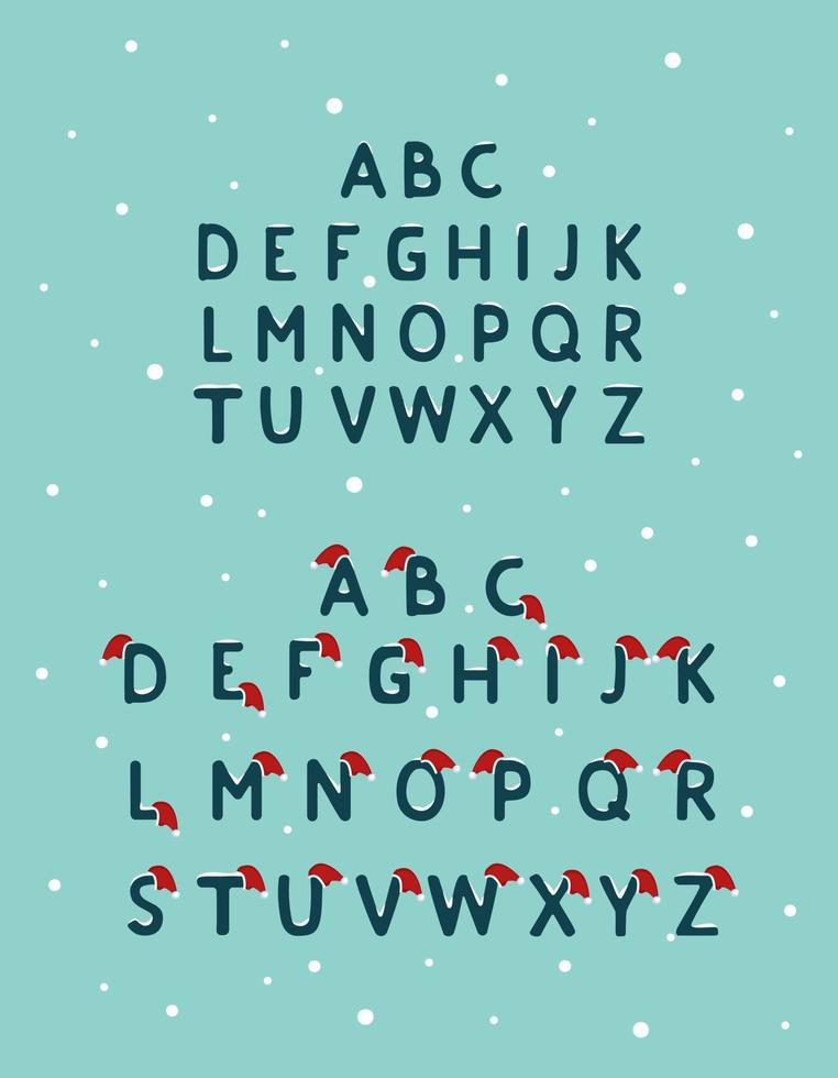 Alphabet aus blauen Buchstaben mit Schnee und roten Weihnachtsmützen. festliche schrift, symbol für frohes neues jahr und weihnachten, zeichen und buchstaben in verschiedenen formen vektor