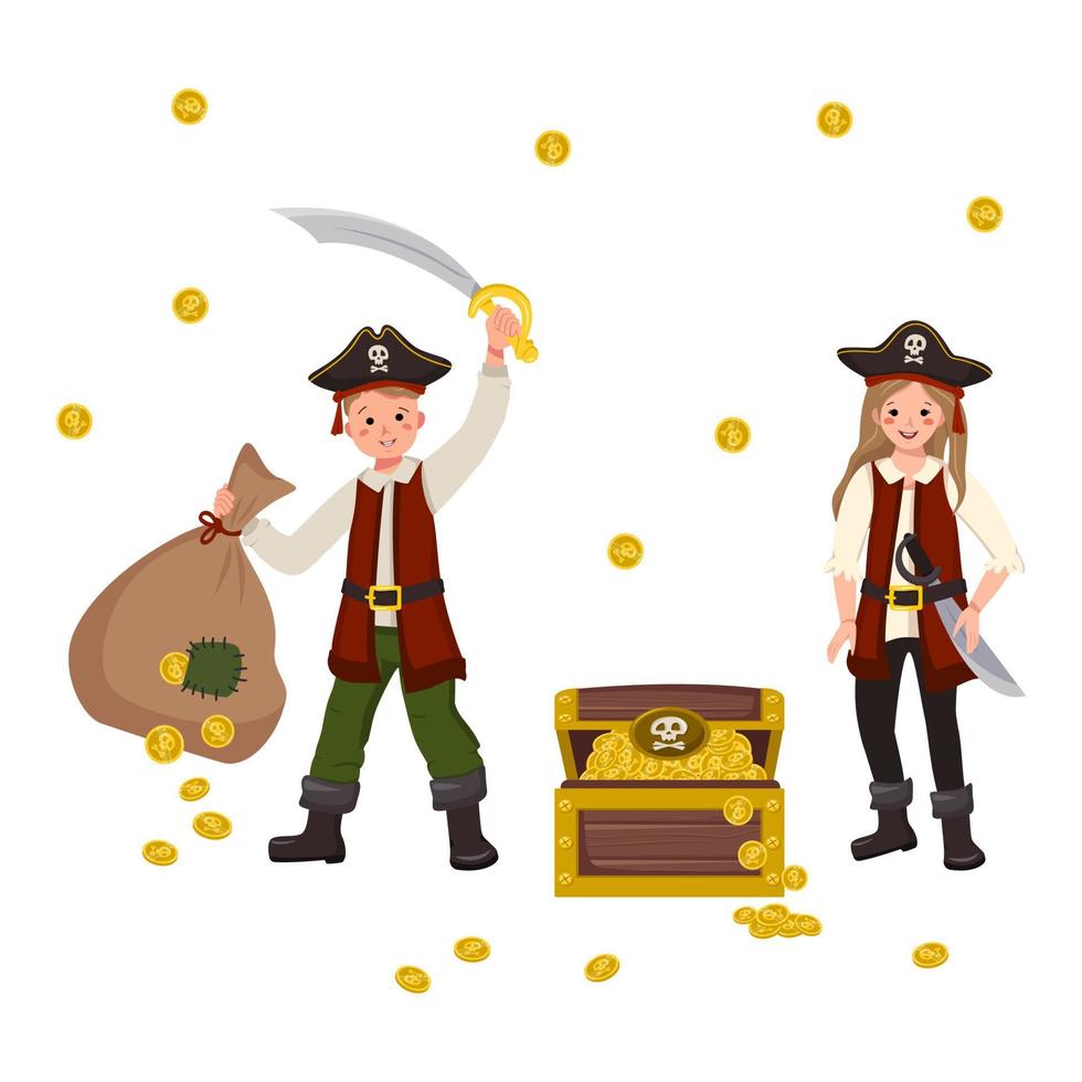 glücklicher piratenjunge und mädchen mit säbel, spitzhut, münzenbeutel und goldtruhe. Fröhliche Kinder in Karnevalskostümen. festliche Kleidung für Urlaub, Neujahr und Kinderparty. flache vektorillustration vektor