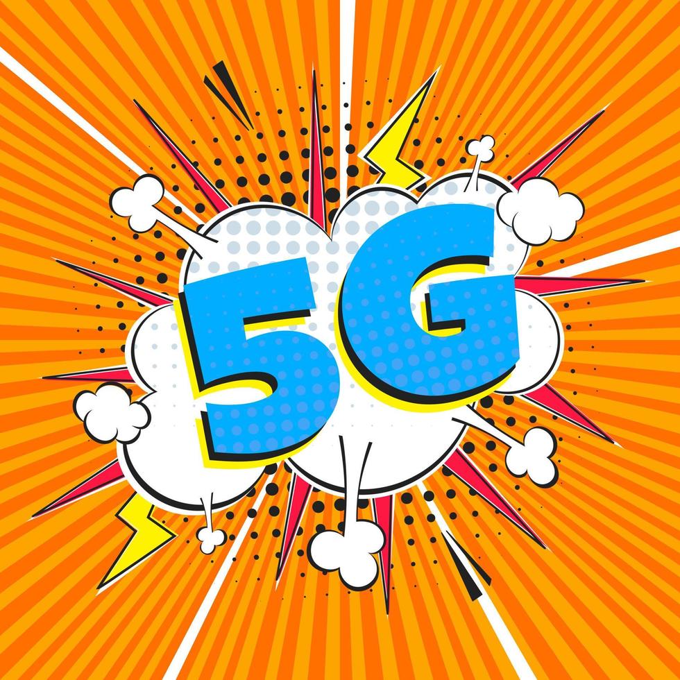 5g neue drahtlose Internet-WLAN-Verbindung Comic-Stil Sprechblase Ausrufetext 5g flache Design-Vektor-Illustration auf Strahlen Hintergrund isoliert. neues mobiles Internet 5g-Zeichensymbol im Ballon. vektor