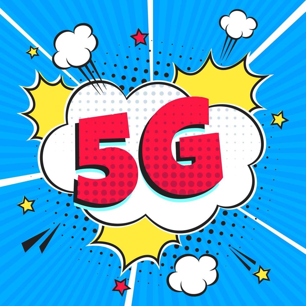 5g neue drahtlose Internet-WLAN-Verbindung Comic-Stil Sprechblase Ausrufetext 5g flache Design-Vektor-Illustration auf Strahlen Hintergrund isoliert. neues mobiles Internet 5g-Zeichensymbol im Ballon. vektor